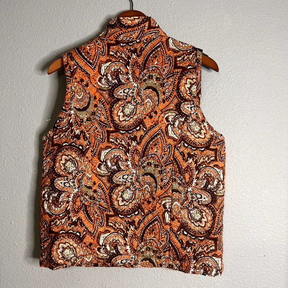 Rebecca Malone Women Sm Quilted Vest Jacket Orange Paisley Snap Front Grannycore - Picture 5 of 10